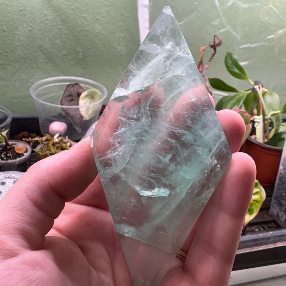 Green Fluorite Crystal Diamond on Stand